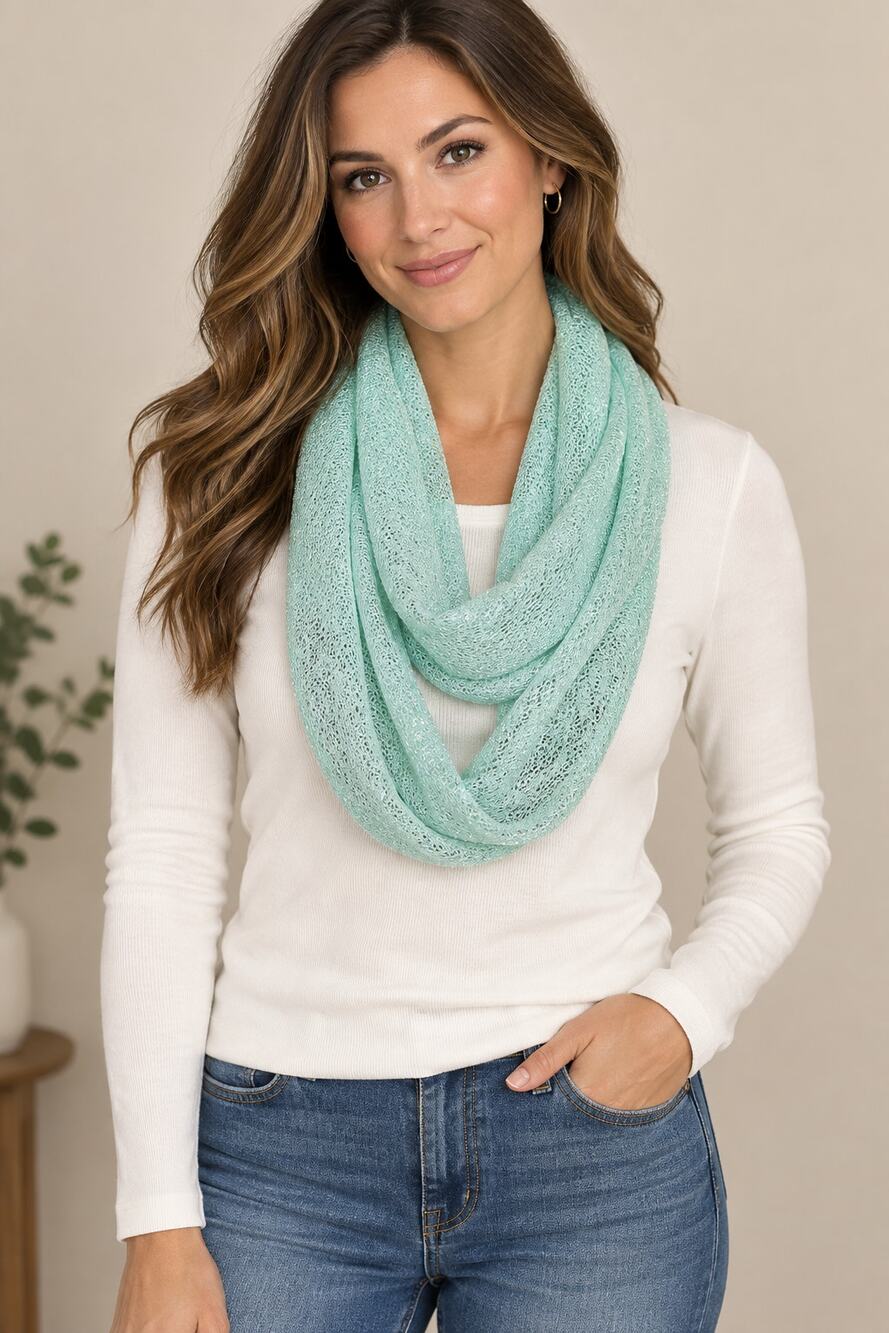 Mint Green Metallic Knit Infinity Scarf – Lightweight Sparkle Loop Scarf